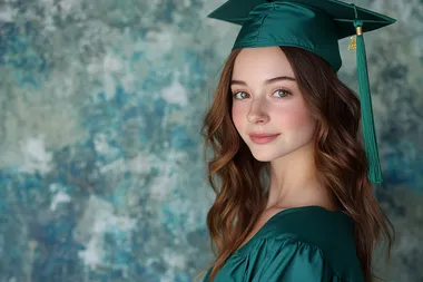 A full-length image of a young woman with high cheekbones and a well-defined jawline standing confidently against a bright, textured background. Her pose is a Full Body Turn Away from the Camera with her Head Looking Back. She carry herself with a regal elegance. A tall stature exuding a sense of confidence and grace. She is wearing a green (#01321A) graduation gown with a matching cap. Her graduation cap has a tassel hanging to one side. Her hair is thick, soft, and flows effortlessly, and the color blends beautifully with her skin tone. Her smile is open and inviting her expression radiates pride and accomplishment. Her hands rest on her hips, showcasing a poised and empowered stance. The lighting highlights her features and outfit, creating a striking and dramatic portrait. There is sharp focus on her eyes, detailed skin texture, and vivid expression on her face. The lighting resembles studio photography with soft lighting. There is subtle use of dodge and burn to create a three-dimensional effect. Smooth, even lighting with soft shadows, highlighting skin texture without harshness. Add sharpness to the eyes and lips while softening areas around the jawline and neck. The Image has ultra-crisp definition, high-density pixel details, with hyper-detailed patterns and textures. The background is filled with Hyper-realistic finishes and True-to-life detail. The entire image has a silk-smooth sharpness.