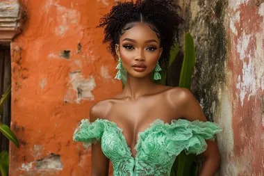 A full-length image of a young woman with high cheekbones and a well-defined jawline standing confidently against a bright, textured background. Her pose is a Full Body Turn Away from the Camera with her Head Looking Back. She carry herself with a regal elegance. A tall stature exuding a sense of confidence and grace. She is wearing a green (#01321A) graduation gown with a matching cap. Her graduation cap has a tassel hanging to one side. Her hair is thick, soft, and flows effortlessly, and the color blends beautifully with her skin tone. Her smile is open and inviting her expression radiates pride and accomplishment. Her hands rest on her hips, showcasing a poised and empowered stance. The lighting highlights her features and outfit, creating a striking and dramatic portrait. There is sharp focus on her eyes, detailed skin texture, and vivid expression on her face. The lighting resembles studio photography with soft lighting. There is subtle use of dodge and burn to create a three-dimensional effect. Smooth, even lighting with soft shadows, highlighting skin texture without harshness. Add sharpness to the eyes and lips while softening areas around the jawline and neck. The Image has ultra-crisp definition, high-density pixel details, with hyper-detailed patterns and textures. The background is filled with Hyper-realistic finishes and True-to-life detail. The entire image has a silk-smooth sharpness.