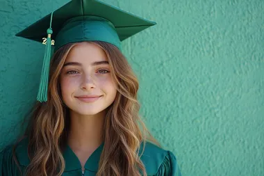 A full-length image of a young woman with high cheekbones and a well-defined jawline standing confidently against a bright, textured background. Her pose is a Full Body Turn Away from the Camera with her Head Looking Back. She carry herself with a regal elegance. A tall stature exuding a sense of confidence and grace. She is wearing a green (#01321A) graduation gown with a matching cap. Her graduation cap has a tassel hanging to one side. Her hair is thick, soft, and flows effortlessly, and the color blends beautifully with her skin tone. Her smile is open and inviting her expression radiates pride and accomplishment. Her hands rest on her hips, showcasing a poised and empowered stance. The lighting highlights her features and outfit, creating a striking and dramatic portrait. There is sharp focus on her eyes, detailed skin texture, and vivid expression on her face. The lighting resembles studio photography with soft lighting. There is subtle use of dodge and burn to create a three-dimensional effect. Smooth, even lighting with soft shadows, highlighting skin texture without harshness. Add sharpness to the eyes and lips while softening areas around the jawline and neck. The Image has ultra-crisp definition, high-density pixel details, with hyper-detailed patterns and textures. The background is filled with Hyper-realistic finishes and True-to-life detail. The entire image has a silk-smooth sharpness.