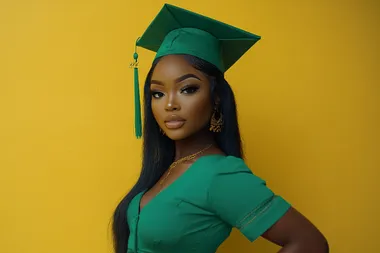 A full-length image of a young woman with high cheekbones and a well-defined jawline standing confidently against a bright, textured background. Her pose is a Full Body Turn Away from the Camera with her Head Looking Back. She carry herself with a regal elegance. A tall stature exuding a sense of confidence and grace. She is wearing a green (#01321A) graduation gown with a matching cap. Her graduation cap has a tassel hanging to one side. Her hair is thick, soft, and flows effortlessly, and the color blends beautifully with her skin tone. Her smile is open and inviting her expression radiates pride and accomplishment. Her hands rest on her hips, showcasing a poised and empowered stance. The lighting highlights her features and outfit, creating a striking and dramatic portrait. There is sharp focus on her eyes, detailed skin texture, and vivid expression on her face. The lighting resembles studio photography with soft lighting. There is subtle use of dodge and burn to create a three-dimensional effect. Smooth, even lighting with soft shadows, highlighting skin texture without harshness. Add sharpness to the eyes and lips while softening areas around the jawline and neck. The Image has ultra-crisp definition, high-density pixel details, with hyper-detailed patterns and textures. The background is filled with Hyper-realistic finishes and True-to-life detail. The entire image has a silk-smooth sharpness.