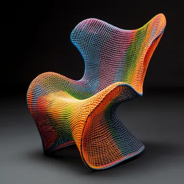 A chair that radically reimagines traditional form. It eliminates both the four-legged base and conventional support structures, relying instead on an intricate web of interwoven yarn mesh. The overall aesthetic should feel gentle yet avant-garde, bursting with vibrant, bold hues to evoke a sense of energetic and unrestrained warmth