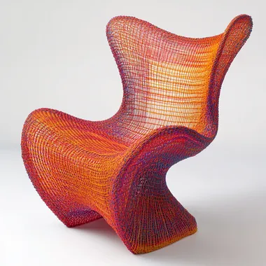 A chair that radically reimagines traditional form. It eliminates both the four-legged base and conventional support structures, relying instead on an intricate web of interwoven yarn mesh. The overall aesthetic should feel gentle yet avant-garde, bursting with vibrant, bold hues to evoke a sense of energetic and unrestrained warmth