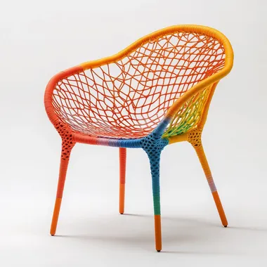 A chair that radically reimagines traditional form. It eliminates both the four-legged base and conventional support structures, relying instead on an intricate web of interwoven yarn mesh. The overall aesthetic should feel gentle yet avant-garde, bursting with vibrant, bold hues to evoke a sense of energetic and unrestrained warmth