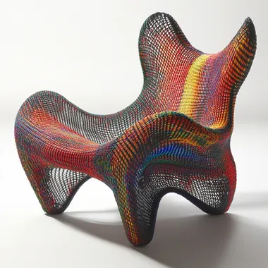 A chair that radically reimagines traditional form. It eliminates both the four-legged base and conventional support structures, relying instead on an intricate web of interwoven yarn mesh. The overall aesthetic should feel gentle yet avant-garde, bursting with vibrant, bold hues to evoke a sense of energetic and unrestrained warmth