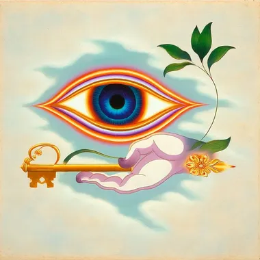 A surreal spiritual illustration featuring a floating antique key, forged in burnished gold, with a glowing eye at its head. The eye is vividly detailed, shimmering with layers of sapphire and gold, surrounded by concentric rings of sacred runes. The body of the key is long, slender, and decorated with floral engravings and symbolic etchings. Ethereal energy glows faintly along its length, emphasizing its sacred function. Behind the key, soft watercolor gradients and faded parchment textures frame the object like a page from a mystical grimoire. This composition merges arcane mystery with spiritual awareness, rendered in an elegant hand-drawn style.    rofile n6qrp25 --oref  --ow 250