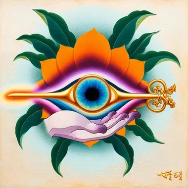 A surreal spiritual illustration featuring a floating antique key, forged in burnished gold, with a glowing eye at its head. The eye is vividly detailed, shimmering with layers of sapphire and gold, surrounded by concentric rings of sacred runes. The body of the key is long, slender, and decorated with floral engravings and symbolic etchings. Ethereal energy glows faintly along its length, emphasizing its sacred function. Behind the key, soft watercolor gradients and faded parchment textures frame the object like a page from a mystical grimoire. This composition merges arcane mystery with spiritual awareness, rendered in an elegant hand-drawn style.    rofile n6qrp25 --oref  --ow 250