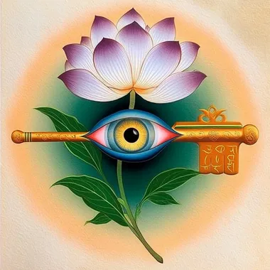 A surreal spiritual illustration featuring a floating antique key, forged in burnished gold, with a glowing eye at its head. The eye is vividly detailed, shimmering with layers of sapphire and gold, surrounded by concentric rings of sacred runes. The body of the key is long, slender, and decorated with floral engravings and symbolic etchings. Ethereal energy glows faintly along its length, emphasizing its sacred function. Behind the key, soft watercolor gradients and faded parchment textures frame the object like a page from a mystical grimoire. This composition merges arcane mystery with spiritual awareness, rendered in an elegant hand-drawn style.    rofile n6qrp25 --oref  --ow 250
