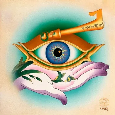 A surreal spiritual illustration featuring a floating antique key, forged in burnished gold, with a glowing eye at its head. The eye is vividly detailed, shimmering with layers of sapphire and gold, surrounded by concentric rings of sacred runes. The body of the key is long, slender, and decorated with floral engravings and symbolic etchings. Ethereal energy glows faintly along its length, emphasizing its sacred function. Behind the key, soft watercolor gradients and faded parchment textures frame the object like a page from a mystical grimoire. This composition merges arcane mystery with spiritual awareness, rendered in an elegant hand-drawn style.    rofile n6qrp25 --oref  --ow 250