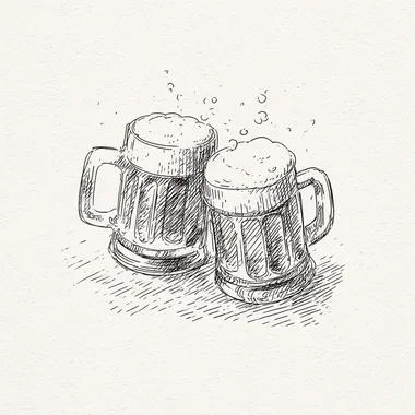 an icon of a two mugs of delicious butter beer in cheers from the harry potter franchise, white background, minimalist, vintage sketch style  rofile 7a2yc5e