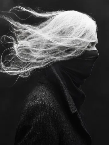 : Surrealistic portrait of an invisible face, white hair, dark clothes, ethereally foggy, black background, in the style of minimalism, minimal, Hasselblad h6d-400c, 80mm f2,8.