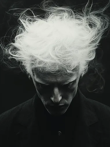 : Surrealistic portrait of an invisible face, white hair, dark clothes, ethereally foggy, black background, in the style of minimalism, minimal, Hasselblad h6d-400c, 80mm f2,8.