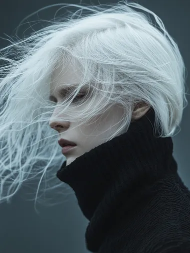 : Surrealistic portrait of an invisible face, white hair, dark clothes, ethereally foggy, black background, in the style of minimalism, minimal, Hasselblad h6d-400c, 80mm f2,8.
