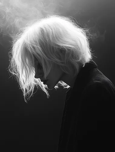 : Surrealistic portrait of an invisible face, white hair, dark clothes, ethereally foggy, black background, in the style of minimalism, minimal, Hasselblad h6d-400c, 80mm f2,8.