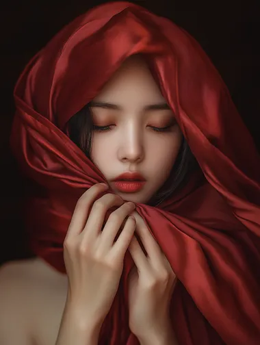 A photograph of an Asian woman with her head covered by flowing red fabric, her hands holding the cloth in front of her face, a plain dark brown background, soft lighting, soft color palette, soft focus on skin and texture of the silk material, warm tones, dreamy atmosphere, minimalistic style.
