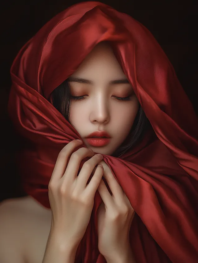 Asian woman in flowing red fabric, dreamy soft lighting, minimalistic style