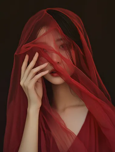 A photograph of an Asian woman with her head covered by flowing red fabric, her hands holding the cloth in front of her face, a plain dark brown background, soft lighting, soft color palette, soft focus on skin and texture of the silk material, warm tones, dreamy atmosphere, minimalistic style.