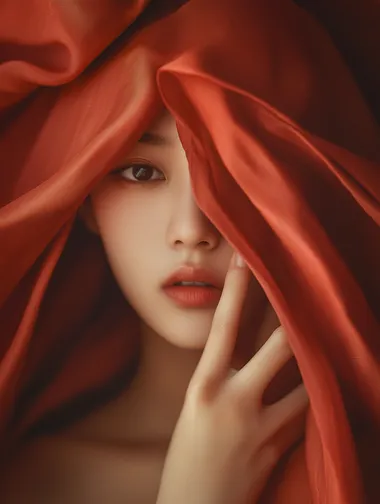 A photograph of an Asian woman with her head covered by flowing red fabric, her hands holding the cloth in front of her face, a plain dark brown background, soft lighting, soft color palette, soft focus on skin and texture of the silk material, warm tones, dreamy atmosphere, minimalistic style.
