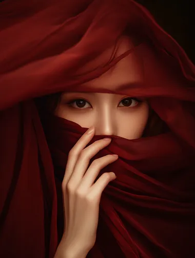 A photograph of an Asian woman with her head covered by flowing red fabric, her hands holding the cloth in front of her face, a plain dark brown background, soft lighting, soft color palette, soft focus on skin and texture of the silk material, warm tones, dreamy atmosphere, minimalistic style.