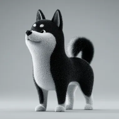 Generate a black and white Shiba Inu with a short tail in a 3D cartoon style without shadow effects, and a monochrome background