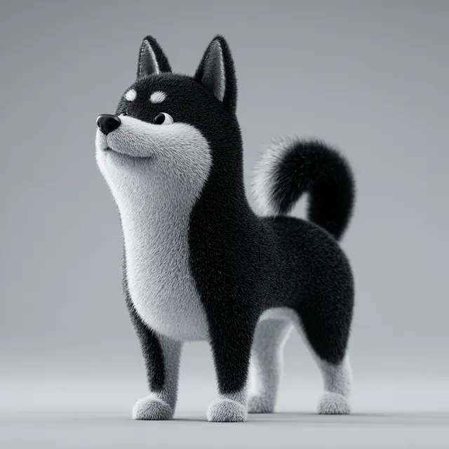 3D Cartoon Black and White Shiba Inu
