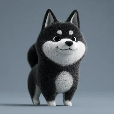 Generate a black and white Shiba Inu with a short tail in a 3D cartoon style without shadow effects, and a monochrome background