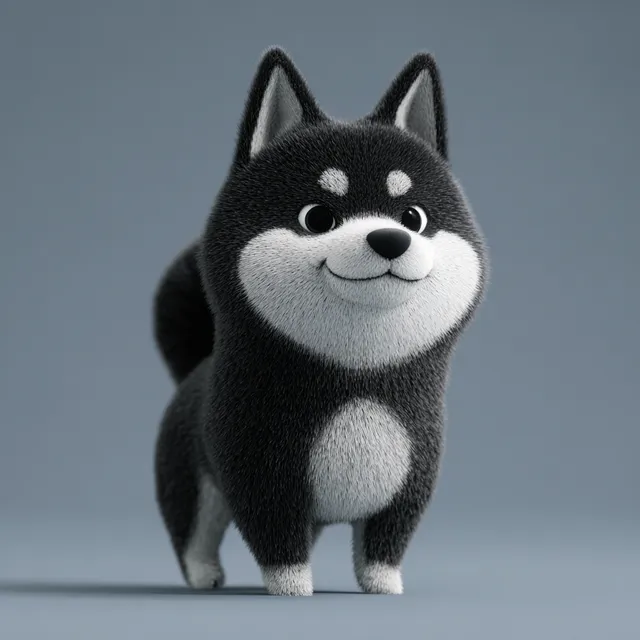 3D Cartoon Black and White Shiba Inu