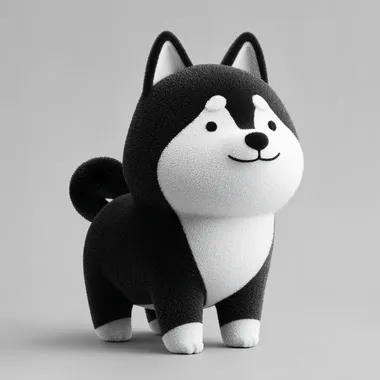 Generate a black and white Shiba Inu with a short tail in a 3D cartoon style without shadow effects, and a monochrome background