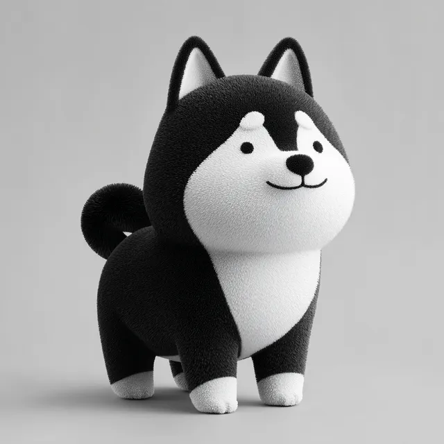 3D Cartoon Shiba Inu - Black and White
