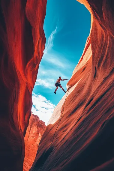 A poster of an action movie depicts one person climbing the walls of slot canyons, against a blue sky, with dramatic lighting, a close-up shot, a high-angle view, an epic composition, and cinematic color grading.