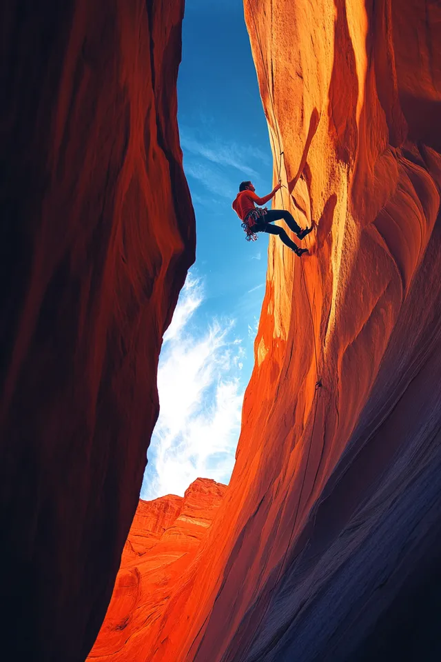 Man Climbing Slot Canyon Walls Under Blue Sky in Dramatic Action Poster