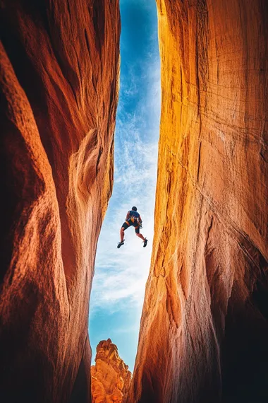 A poster of an action movie depicts one person climbing the walls of slot canyons, against a blue sky, with dramatic lighting, a close-up shot, a high-angle view, an epic composition, and cinematic color grading.