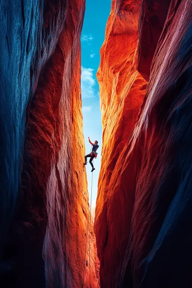 A poster of an action movie depicts one person climbing the walls of slot canyons, against a blue sky, with dramatic lighting, a close-up shot, a high-angle view, an epic composition, and cinematic color grading.
