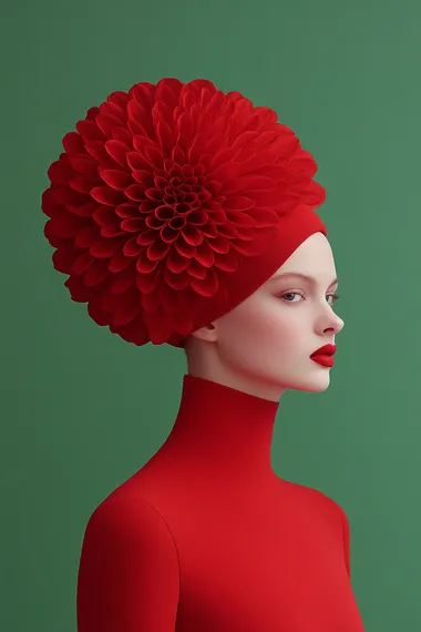 close-up, ballet dancers in the form of a red dahlia flowers, shades of red foreground, green walls brutalist architecture background, high contrast light    6gnxe3j