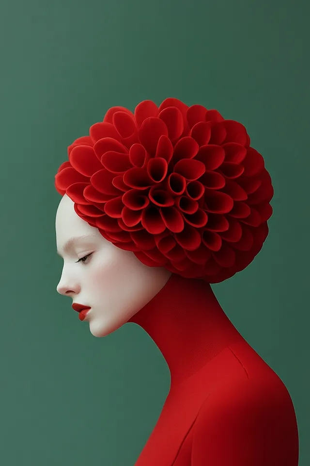 Ballet Dancers as Red Dahlia Flowers in Urban Green Brutalist Space