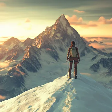 A young female mountaineer stands at the summit of a snow-capped mountain, surrounded by vast snowfields and majestic mountain ranges, as the sun slowly rises.Courage, Exploration, Magnificent Scenery, Summit Elation, Natural Grandeur, Inner Resilience."