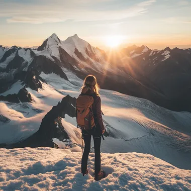 A young female mountaineer stands at the summit of a snow-capped mountain, surrounded by vast snowfields and majestic mountain ranges, as the sun slowly rises.Courage, Exploration, Magnificent Scenery, Summit Elation, Natural Grandeur, Inner Resilience."