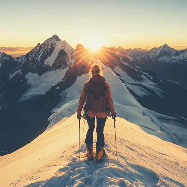 A young female mountaineer stands at the summit of a snow-capped mountain, surrounded by vast snowfields and majestic mountain ranges, as the sun slowly rises.Courage, Exploration, Magnificent Scenery, Summit Elation, Natural Grandeur, Inner Resilience."