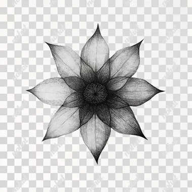 a minimalist and delicate drawing made with black graphite on a white background of a flower whose center is shaped like a 5-pointed star