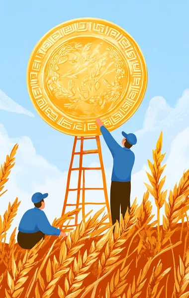 Illustration of two farmers painting a golden coin in the foreground, with wheat fields and a blue sky as the background. The coins do not have any Chinese characters on them, and one farmer is climbing up a ladder to paint the coin. It's a simple yet colorful illustration, suitable for children or social media images. The style is flat design, with vector illustration, simple shapes, simple details, bright colors, and high resolution. There is no text.