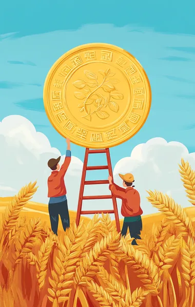 Illustration of two farmers painting a golden coin in the foreground, with wheat fields and a blue sky as the background. The coins do not have any Chinese characters on them, and one farmer is climbing up a ladder to paint the coin. It's a simple yet colorful illustration, suitable for children or social media images. The style is flat design, with vector illustration, simple shapes, simple details, bright colors, and high resolution. There is no text.