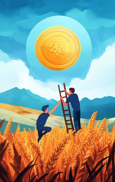 Illustration of two farmers painting a golden coin in the foreground, with wheat fields and a blue sky as the background. The coins do not have any Chinese characters on them, and one farmer is climbing up a ladder to paint the coin. It's a simple yet colorful illustration, suitable for children or social media images. The style is flat design, with vector illustration, simple shapes, simple details, bright colors, and high resolution. There is no text.