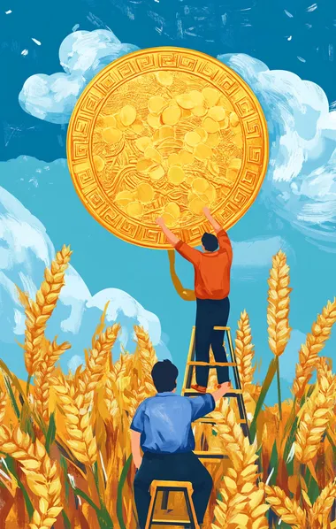 Illustration of two farmers painting a golden coin in the foreground, with wheat fields and a blue sky as the background. The coins do not have any Chinese characters on them, and one farmer is climbing up a ladder to paint the coin. It's a simple yet colorful illustration, suitable for children or social media images. The style is flat design, with vector illustration, simple shapes, simple details, bright colors, and high resolution. There is no text.