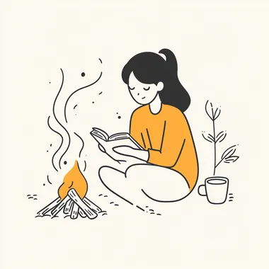 Create a minimalistic line art illustration using consistent 3-pixel black lines for all outlines, ensuring a clean, precise, and simple design. Depict a woman sitting by a campfire, writing in a notebook, with a coffee mug nearby. Her facial features should be minimal--small dots or short curved lines for eyes, a slight curve for a neutral or reflective expression, and no additional details such as wrinkles or nose lines. The character should have a smooth, round facial shape and balanced proportions. Clothing should be represented with basic shapes and clean lines, avoiding patterns, folds, or textures, and limited to simple outlines. Essential elements of the scene include: A notebook and pen in the womans hands. A campfire with a few smooth, simple logs beneath it. A steaming coffee mug placed beside her. A gently curved gravel road leading into the distance, subtly suggesting movement and exploration. Exclude detailed backgrounds, environmental textures, or shading--use only essential line-based elements to evoke a sense of stillness, curiosity, and reflection. Pastel accents in pale yellow, mint green, or light blue may be used sparingly on small details like the mug or subtle highlights on the fire to add warmth while preserving the minimalistic style. The woman should adopt a relaxed, introspective posture, seated near the fire, with one leg bent and the other stretched out--suggesting both rest and readiness for the next journey. The overall tone must be clean, thoughtful, and inviting, capturing the essence of wandering, wondering, and storytelling.