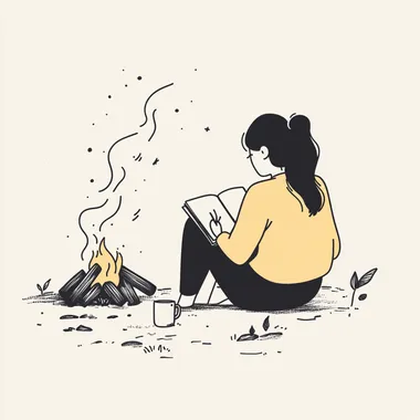 Create a minimalistic line art illustration using consistent 3-pixel black lines for all outlines, ensuring a clean, precise, and simple design. Depict a woman sitting by a campfire, writing in a notebook, with a coffee mug nearby. Her facial features should be minimal--small dots or short curved lines for eyes, a slight curve for a neutral or reflective expression, and no additional details such as wrinkles or nose lines. The character should have a smooth, round facial shape and balanced proportions. Clothing should be represented with basic shapes and clean lines, avoiding patterns, folds, or textures, and limited to simple outlines. Essential elements of the scene include: A notebook and pen in the womans hands. A campfire with a few smooth, simple logs beneath it. A steaming coffee mug placed beside her. A gently curved gravel road leading into the distance, subtly suggesting movement and exploration. Exclude detailed backgrounds, environmental textures, or shading--use only essential line-based elements to evoke a sense of stillness, curiosity, and reflection. Pastel accents in pale yellow, mint green, or light blue may be used sparingly on small details like the mug or subtle highlights on the fire to add warmth while preserving the minimalistic style. The woman should adopt a relaxed, introspective posture, seated near the fire, with one leg bent and the other stretched out--suggesting both rest and readiness for the next journey. The overall tone must be clean, thoughtful, and inviting, capturing the essence of wandering, wondering, and storytelling.