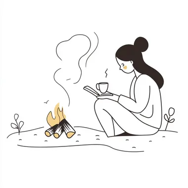 Create a minimalistic line art illustration using consistent 3-pixel black lines for all outlines, ensuring a clean, precise, and simple design. Depict a woman sitting by a campfire, writing in a notebook, with a coffee mug nearby. Her facial features should be minimal--small dots or short curved lines for eyes, a slight curve for a neutral or reflective expression, and no additional details such as wrinkles or nose lines. The character should have a smooth, round facial shape and balanced proportions. Clothing should be represented with basic shapes and clean lines, avoiding patterns, folds, or textures, and limited to simple outlines. Essential elements of the scene include: A notebook and pen in the womans hands. A campfire with a few smooth, simple logs beneath it. A steaming coffee mug placed beside her. A gently curved gravel road leading into the distance, subtly suggesting movement and exploration. Exclude detailed backgrounds, environmental textures, or shading--use only essential line-based elements to evoke a sense of stillness, curiosity, and reflection. Pastel accents in pale yellow, mint green, or light blue may be used sparingly on small details like the mug or subtle highlights on the fire to add warmth while preserving the minimalistic style. The woman should adopt a relaxed, introspective posture, seated near the fire, with one leg bent and the other stretched out--suggesting both rest and readiness for the next journey. The overall tone must be clean, thoughtful, and inviting, capturing the essence of wandering, wondering, and storytelling.