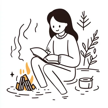 Create a minimalistic line art illustration using consistent 3-pixel black lines for all outlines, ensuring a clean, precise, and simple design. Depict a woman sitting by a campfire, writing in a notebook, with a coffee mug nearby. Her facial features should be minimal--small dots or short curved lines for eyes, a slight curve for a neutral or reflective expression, and no additional details such as wrinkles or nose lines. The character should have a smooth, round facial shape and balanced proportions. Clothing should be represented with basic shapes and clean lines, avoiding patterns, folds, or textures, and limited to simple outlines. Essential elements of the scene include: A notebook and pen in the womans hands. A campfire with a few smooth, simple logs beneath it. A steaming coffee mug placed beside her. A gently curved gravel road leading into the distance, subtly suggesting movement and exploration. Exclude detailed backgrounds, environmental textures, or shading--use only essential line-based elements to evoke a sense of stillness, curiosity, and reflection. Pastel accents in pale yellow, mint green, or light blue may be used sparingly on small details like the mug or subtle highlights on the fire to add warmth while preserving the minimalistic style. The woman should adopt a relaxed, introspective posture, seated near the fire, with one leg bent and the other stretched out--suggesting both rest and readiness for the next journey. The overall tone must be clean, thoughtful, and inviting, capturing the essence of wandering, wondering, and storytelling.
