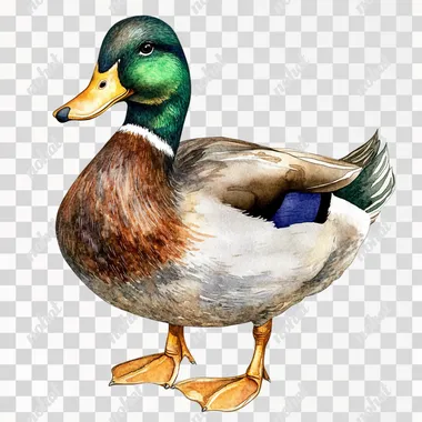 realistic watercolor duck on white background, realistic watercolor illustration clipart, high detail, very detailed, hyper realism
