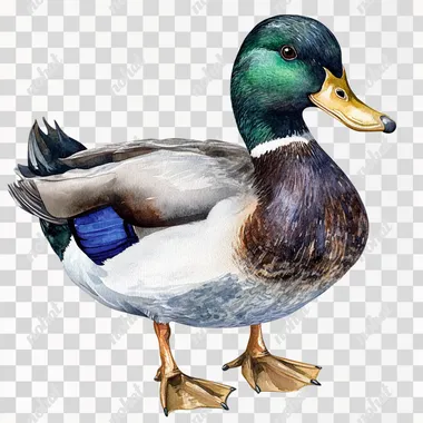 realistic watercolor duck on white background, realistic watercolor illustration clipart, high detail, very detailed, hyper realism