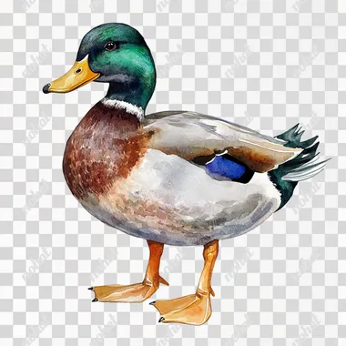 realistic watercolor duck on white background, realistic watercolor illustration clipart, high detail, very detailed, hyper realism
