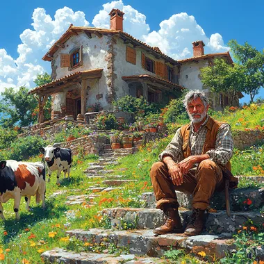 A hyper-realistic, cinematic scene depicting a large, rustic house situated on an expansive farm, surrounded by lush nature and grazing animals including cows and oxen. In front of the house, a modest staircase with a few steps leads up to the entrance. A middle-aged farmer, ethnically diverse, sits on one of the steps, showcasing a tired yet contemplative demeanor. His posture is slouched, with one arm resting on his knee and the other supporting his chin, reflecting a thoughtful and somewhat doubtful expression as he gazes into the distance, pondering the future. His attire consists of a weathered, brown work jacket over a simple plaid shirt, paired with faded blue jeans and sturdy boots, emphasizing his hardworking lifestyle. The environment is bathed in the warm light of a beautiful sunny day, with a vibrant blue sky dotted with fluffy white clouds. The scene captures intricate details, from the texture of the farmer's weathered hands to the nuanced shadows cast by the staircase and house. The composition highlights the vastness of the farm and the solitude of the farmer, creating a poignant, atmospheric moment. ultra realistic, a lot of details, 8k, cinematic lights, cinematic colors  --s 1000